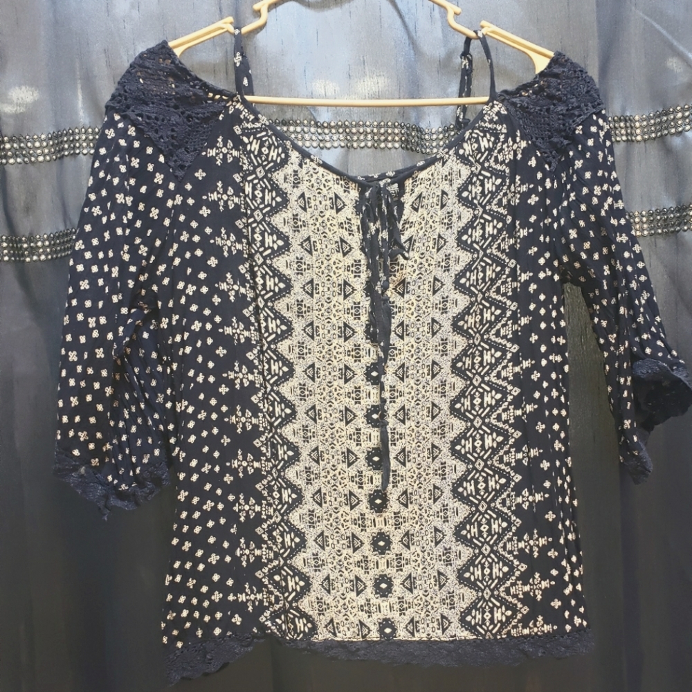 Blue cold shoulder blouse